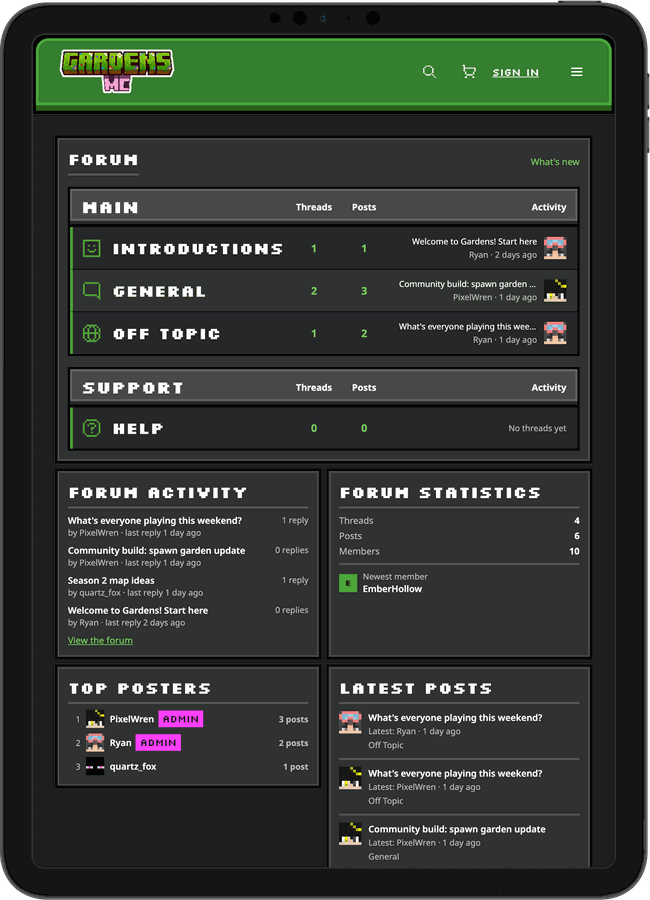 Gardens MC's forum on a tablet: its categories, recent activity, statistics and top posters